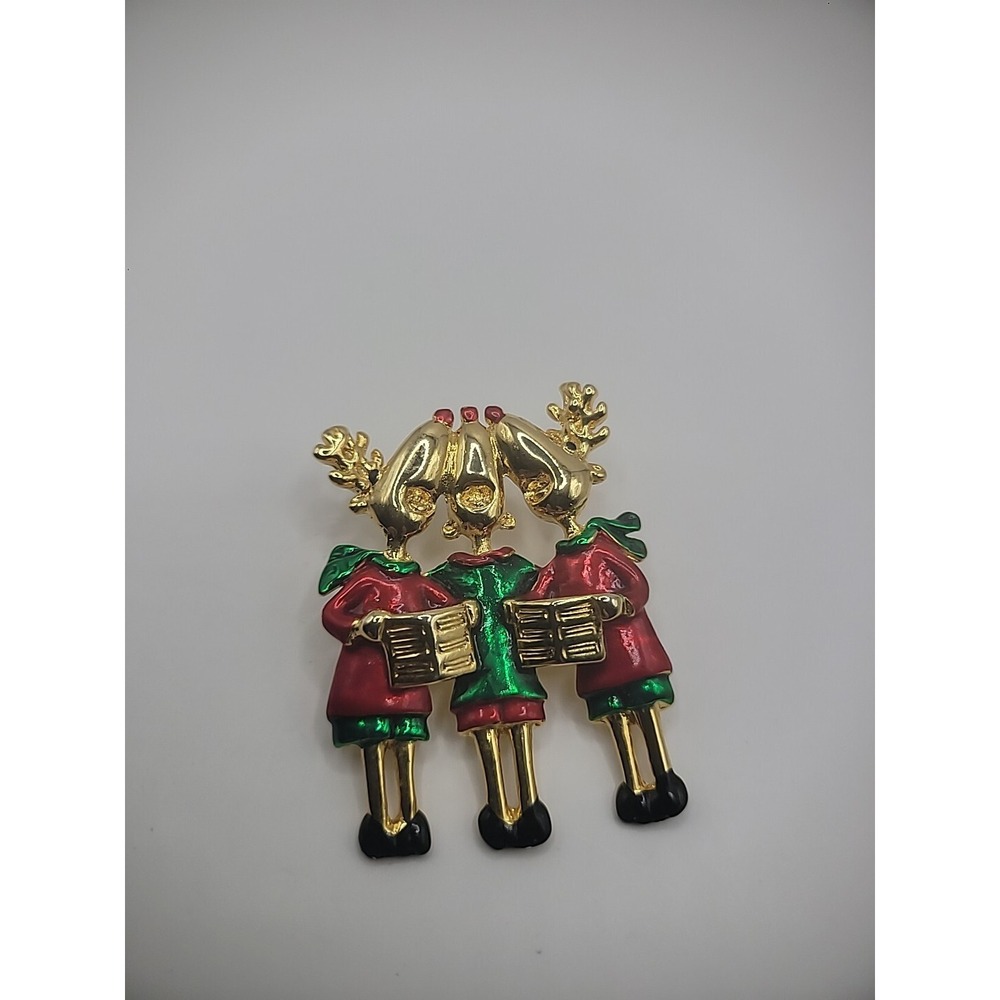 Vintage AJC Reindeers Carolling Brooch Pin Red Green Gold Jewelry Costume